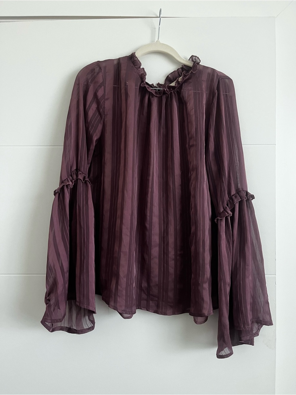 Womens Ruffled High-Neck Blouse in Plum